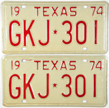 A pair of classic 1974 Texas passenger car license plates for sale by Brandywine General Store in excellent minus condition