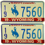A pair of classic 1975 Wyoming passenger car license plates for sale by Brandywine General Store in unsued near mint condition