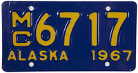 A classic 1967 Alaska motorcycle license plate for sale by Brandywine General Store in excellent condition