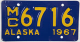 A classic 1967 Alaska motorcycle license plate for sale by Brandywine General Store in excellent minus condition