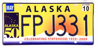 A scenic 2010 Alaska auto license plate celebrating the 50th anniversary of Alaska being admitted to the Union for sale by Brandywine General Store in excellent minus condition