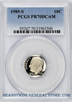 1985-S Roosevelt Dime that has been certified perfect Proof 70 Deep Cameo