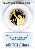 2007-S James Madison Dollar Coin PCGS Proof 70 Deep Cameo