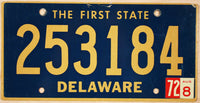 A 1972 Delaware passenger car license plate grading excellent minus for sale by Brandywine General Store