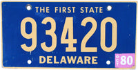A 1980 Delaware passenger car license plate grading very good plus for sale by Brandywine General Store