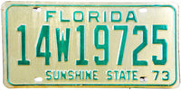 A 1973 Florida car license plate in unused excellent condition for sale at Brandywine General Store in excellent minus condition