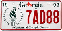 A 1993 Georgia Car license plate that was issued in commemoration of the Centennial Olympic Games that were to be held in Atlanta in 1996 for sale by Brandywine General Store in near mint condition