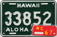 A classic 1967 Hawaii Motorcycle license plate grading near mint for sale by Brandywine General Store