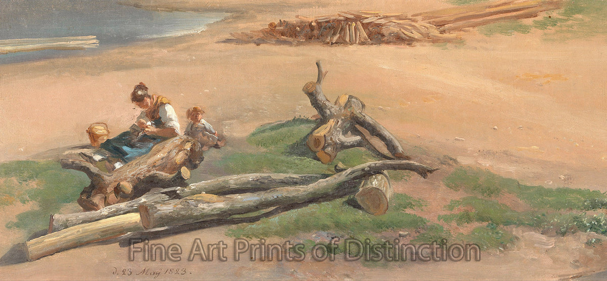 Art Print of a Woman and Child on a Riverbank by Johan Christian Dahl