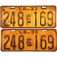 A pair of 1933 Louisiana car license plates grading good plus for sale by Brandywine General Store