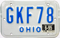 A classic 1995 Ohio motorcycle license plate for sale by Brandywine General Store in excellent minus condition