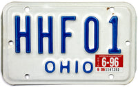 A 1996 Ohio motorcycle license plate for sale by Brandywine General Store in excellent minus condition