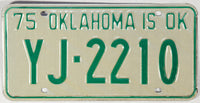 A NOS 1975 Oklahoma license plate for a passenger automobile for sale by Brandywine General Store in excellent plus condition