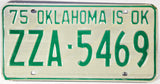 A NOS 1975 Oklahoma license plate for a passenger automobile for sale by Brandywine General Store in excellent condition