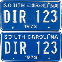 A pair of 1973 South Carolina car license plates for sale by Brandywine General Store nin very good plus condition