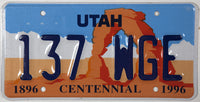A graphic 1996 Utah Centennial Car license plate for sale by Brandywine General Store in excellent plus condition