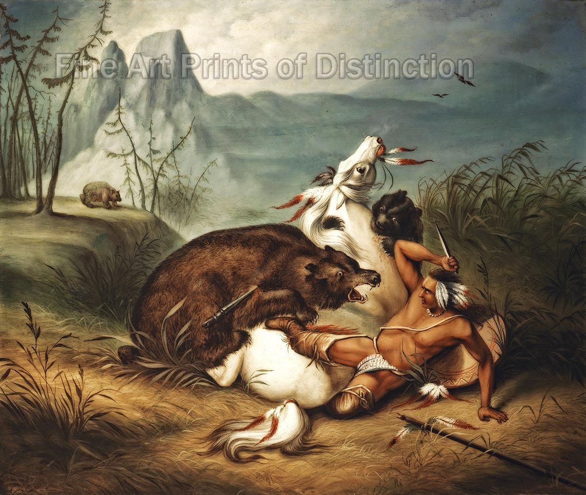 archival art Print of Indian and Bear Fight by John Archibald Woodside