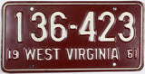 1961 West Virginia Aluminum License Plate in Excellent Minus condition