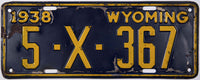 An antique 1938 Wyoming Trailer License Plate for sale by Brandywine General Store in very good minus condition