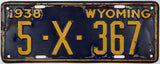 An antique 1938 Wyoming Trailer License Plate for sale by Brandywine General Store in very good minus condition