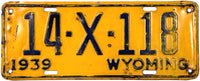 An antique 1939 Wyoming Trailer License Plate for sale by Brandywine General Store in very good condition