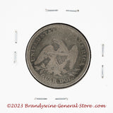 A 1861 Liberty Seated Quarter coin in good condition for sale by Brandywine General Store reverse side of coin