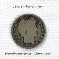 An 1892 Silver Barber Quarter for sale by Brandywine General Store, the coin is in good condition