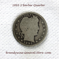 An 1893-S Silver Barber Quarter for sale by Brandywine General Store, the coin is in good condition