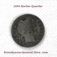 An 1894 Silver Barber Quarter for sale by Brandywine General Store, the coin is in good condition