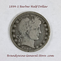 An 1894-S Barber Half dollar in good plus condition for sale by Brandywine General Store in good condition