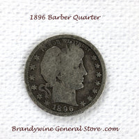 An 1896 Silver Barber Quarter for sale by Brandywine General Store, the coin is in good condition
