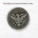 An 1898 Barber Quarter in good condition for sale by Brandywine General Store. This 25 cent coin contains .18084 oz of pure silver reverse side