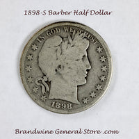 A 1898-S Barber Half dollar in good plus condition for sale by Brandywine General Store in good plus condition