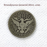 A 1900 Silver Barber Quarter for sale by Brandywine General Store, the coin is in good  condition reverse side