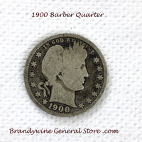 A 1900 Silver Barber Quarter for sale by Brandywine General Store, the coin is in good  condition