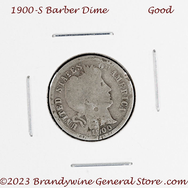 A 1900-S Barber silver dime for sale by Brandywine General Store.