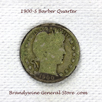 A 1900-S Silver Barber Quarter for sale by Brandywine General Store, the coin is in good condition with a coat of shellac on the face