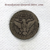 A 1900-S Silver Barber Quarter for sale by Brandywine General Store, the coin is in good condition reverse side