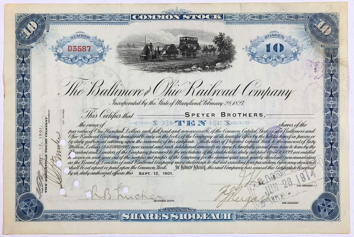 A 1901 Baltimore and Ohio railroad stock certificate for ten shares of common stock for sale by Brandywine General Store