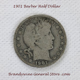 A 1901 Barber Half dollar coin in good condition for sale by Brandywine General Store