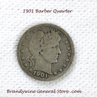A 1901 Silver Barber Quarter for sale by Brandywine General Store, the coin is in very good  condition