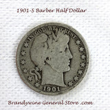 A 1901-S Barber Half dollar coin in good plus condition for sale by Brandywine General Store