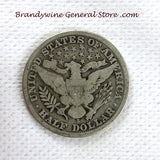 A 1901-S Barber Half dollar coin in good plus condition for sale by Brandywine General Store reverse side of coin