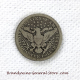 A 1902 Silver Barber Quarter for sale by Brandywine General Store, the coin is in good  condition reverse side