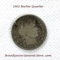 A 1902 Silver Barber Quarter for sale by Brandywine General Store, the coin is in good  condition
