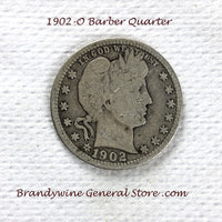 A 1902-O Silver Barber Quarter for sale by Brandywine General Store, the coin is in very good condition