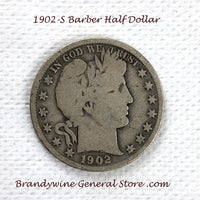 A 1902-S Barber Half dollar coin in good condition for sale by Brandywine General Store