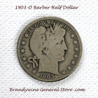 A 1903-O Barber Half dollar coin in good condition for sale by Brandywine General Store