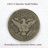 A 1903-O Barber Half dollar coin in good condition for sale by Brandywine General Store reverse of coin