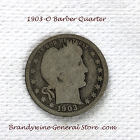 A 1903-O Silver Barber Quarter for sale by Brandywine General Store, the coin is in good condition
